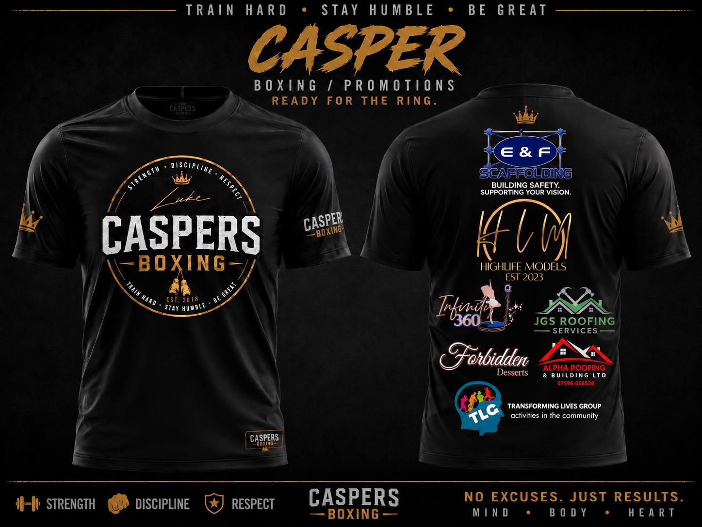 Caspers Boxing promotional shirt and sponsors